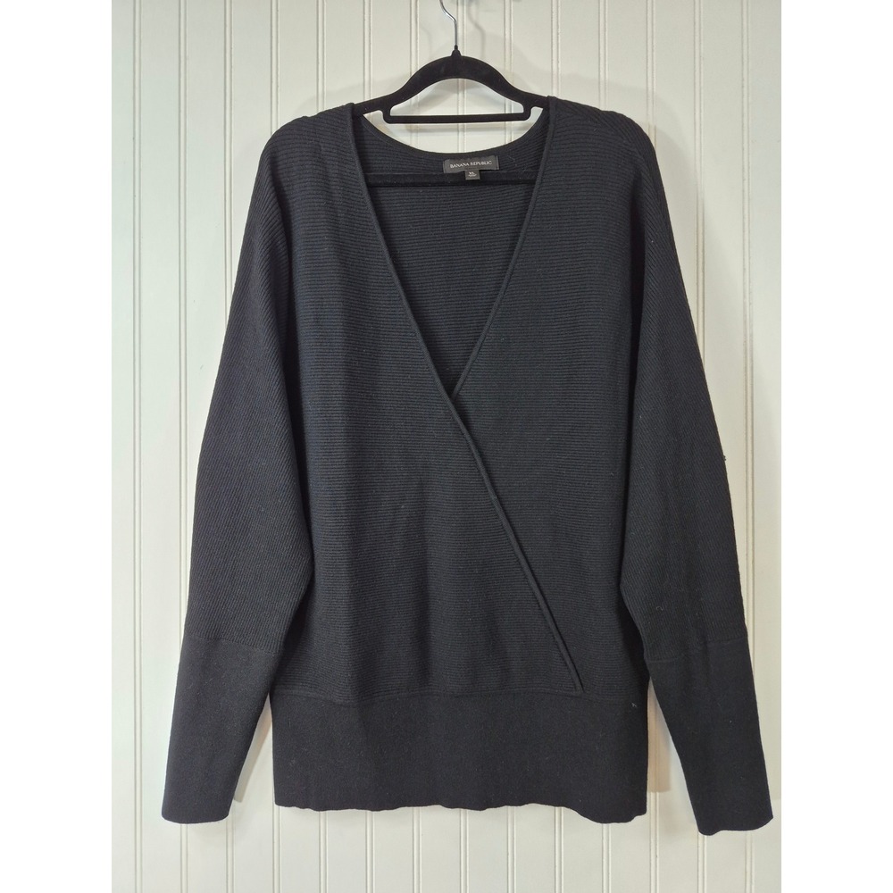 Banana Republic Black Ribbed Surplice Wrap V-Neck Sweater XL Long Sleeve Knit
